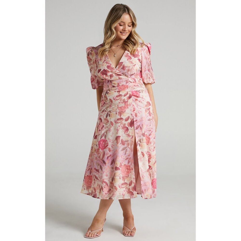NWT Showpo Womens Size 8 Loree Midi Dress - Puff Sleeve Dress in Soft Floral NEW